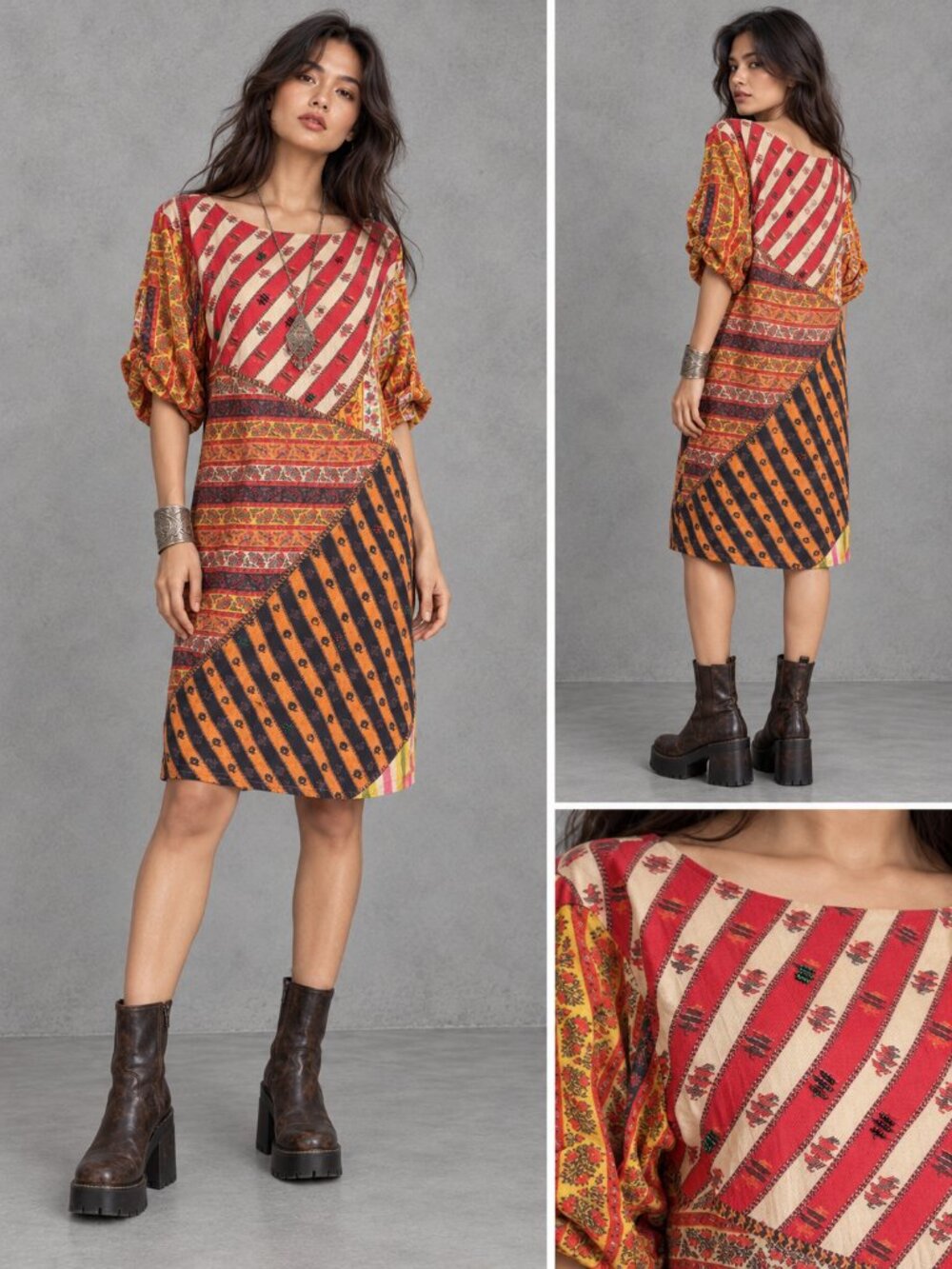 Tanvi Kedia Red Orange Patchwork Beaded Short Sleeve Dress S